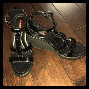 Prada patent wedge sandals